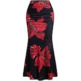 BEAUDRM Women's Floral Print Maxi Skirt Ruffle Hem Ruched Fishtail Bodycon Long Skirts Vacation Going Out Outfits