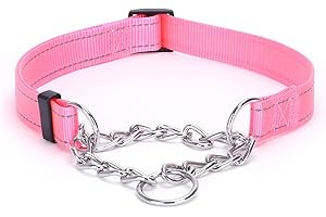 Pimaodog Martingale Dog Collar with Stainless Steel Chain, Martingale Collar with Reflective, Adjustable for Medium Large Dogs (L, Pink)