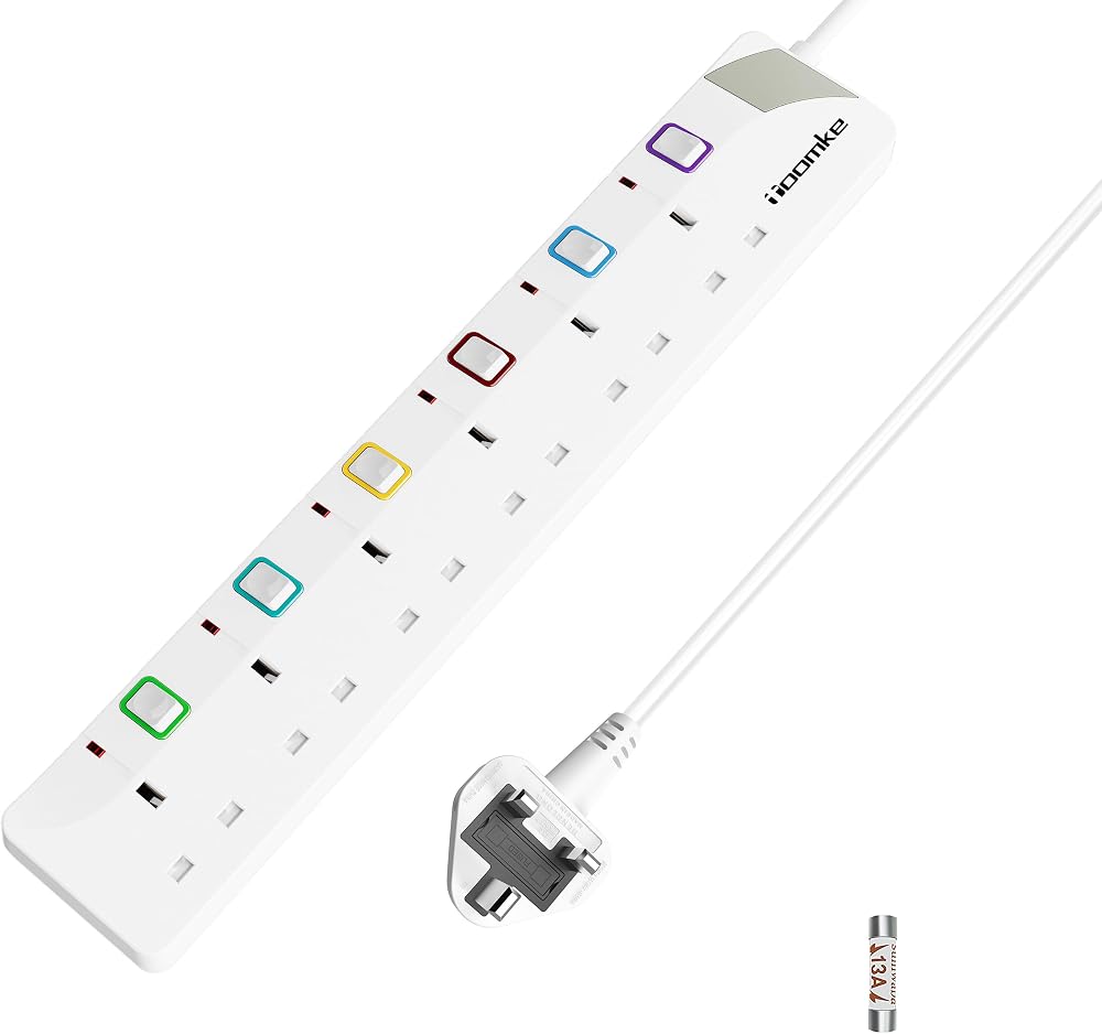 toomke 6 Way Extension Lead with Individual Switches 1.5M UK Plug 13A 3250W