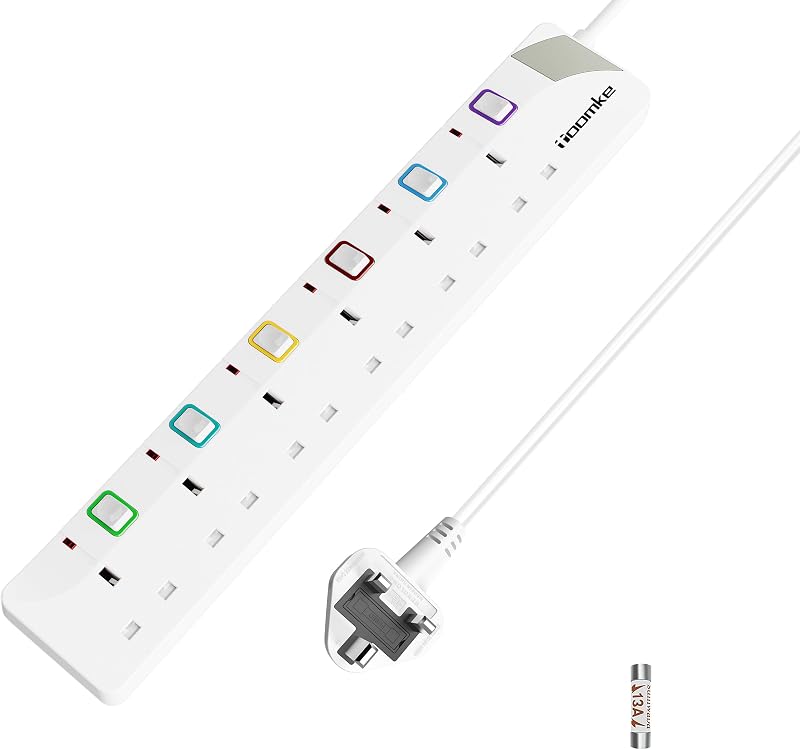 toomke 6 Way Extension Lead with Individual Switches 1.5M UK Plug 13A 3250W