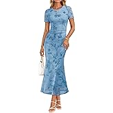 ZESICA Women's Summer Short Sleeve Floral Bodycon Dress 2026 Ruched Mesh Wedding Guest Cocktail Party Maxi Dresses