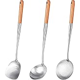 LAKESTONE Wok Spatula and Soup Ladle, Skimmer Ladle 3pcs Kitchen Utensils Set,17 Inches Long Handle Heat Resistant Tool set,3
