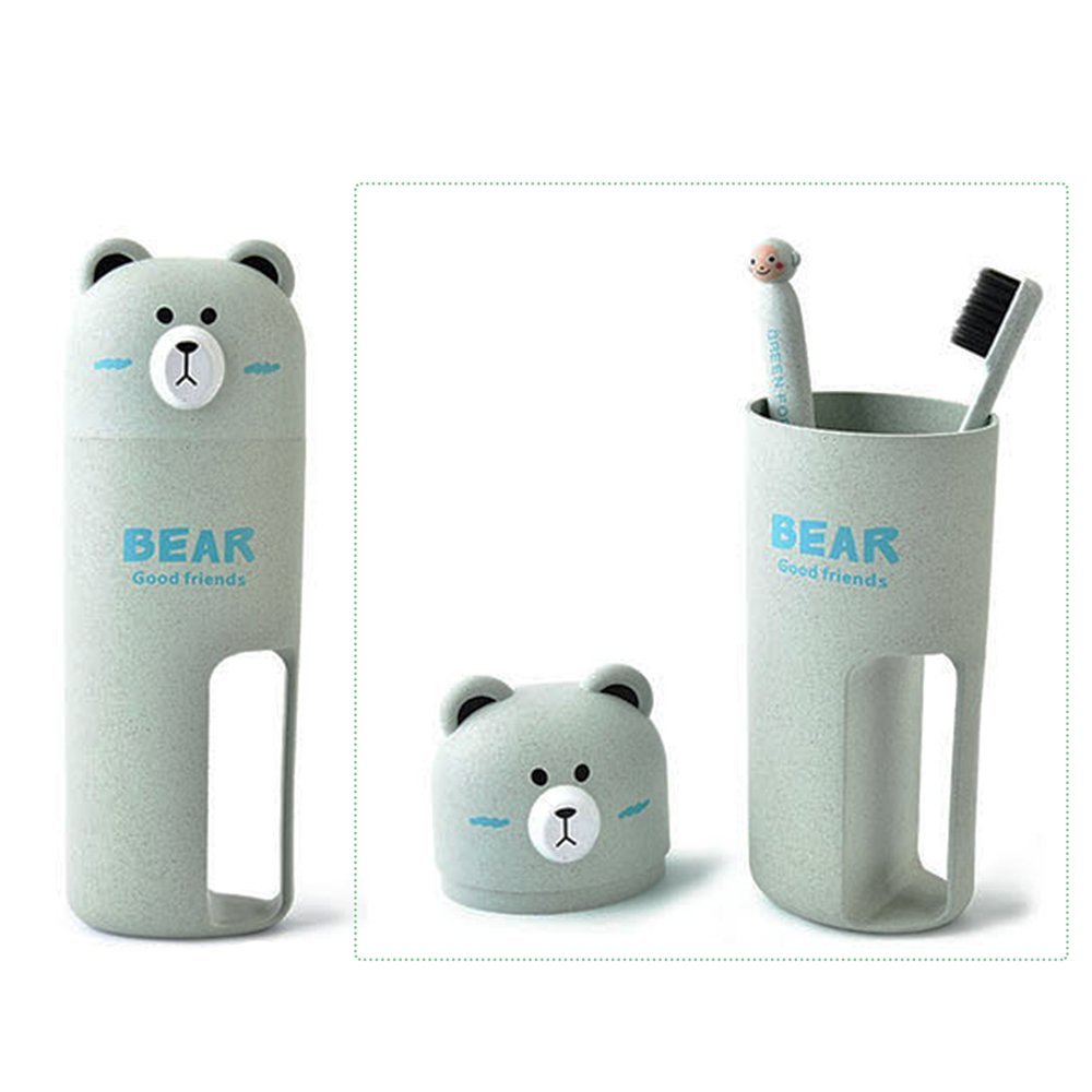 Travel Toothbrush holder and toothbrush Set，Bear Portable Business Wash Cup Holder (green)
