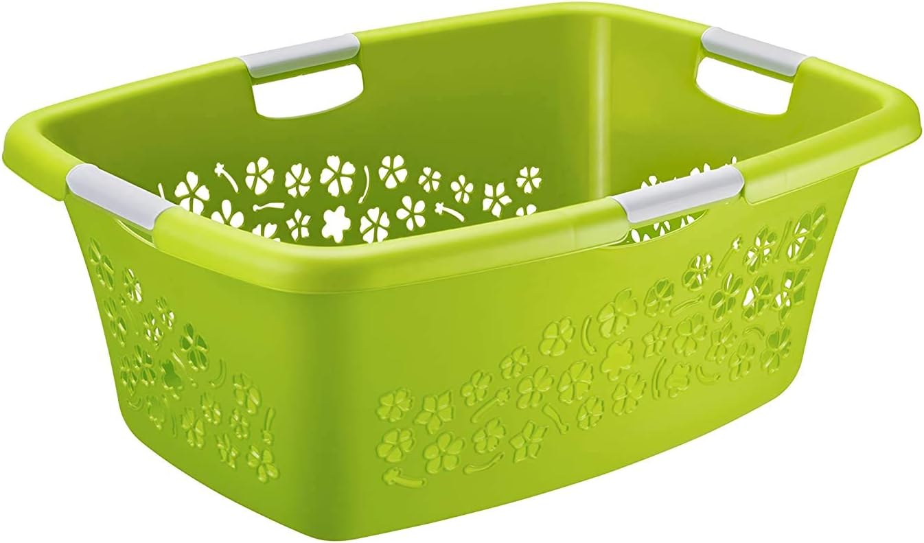 Rotho Flowers Wäschekorb 50l mit 4 Griffen, Kunststoff (PP) BPA-frei, grün/weiss, 50l (65,1 x 48,6 x 26,2 cm)