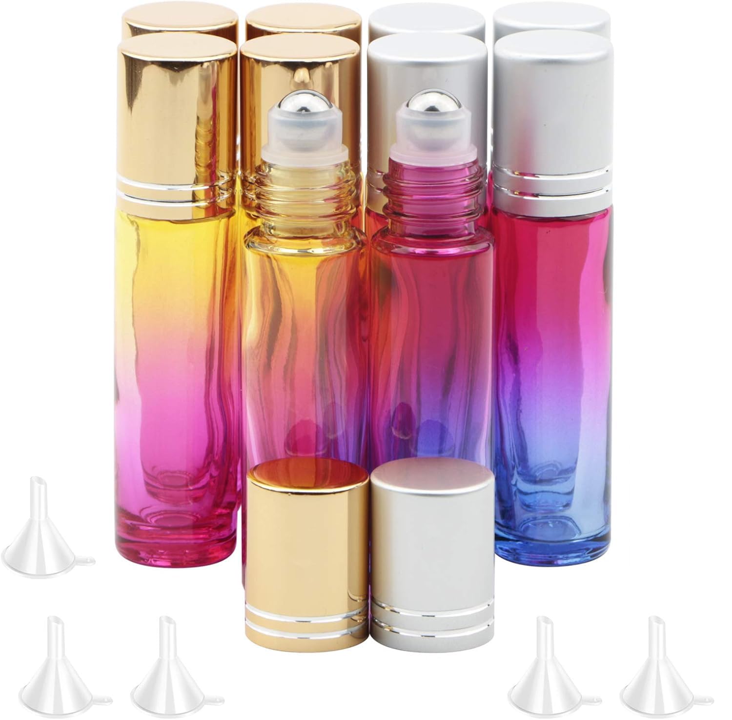 Rowiz 10PCS 10ml Gradient Color Glass Roll on Bottles Essential Oil Glass Bottles with Stainless Steel Roller Balls and Gold or Silver Screwcap