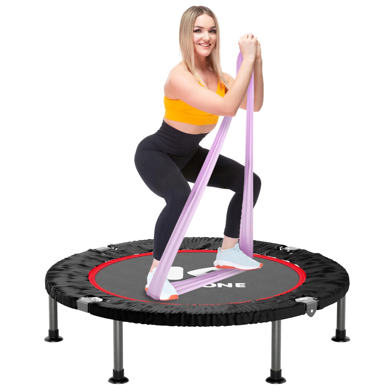 Photo 1 of K KENSONE 40" Mini Flodable Spring Rebounder Trampoline for Adults, Small Exercise Trampoline for Indoor Workout and Fitness, Purple Resistance Band Included, Max Load 330 LBS