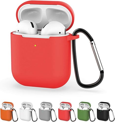 Amazon Erki Airpods ケース エアーポッズ 1 2世代に適用 前のledライトが見える シリコーン素材 ポータブル 防塵 落下防止 全面保護 耐衝擊 カラビナ付き ポータブル 赤 Erki イヤホン ヘッドホンケース