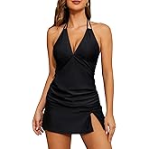 SHEKINI Tummy Control Bathing Suit Halter Tankini Top with Skirt Bottom Women's 2 Piece Swimsuits