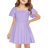 Haloumoning Girls Ruffle Short Sleeve Smocked Summer Dress Kids Square Neck A Line Flowy Mini Dresses 5-14 Years