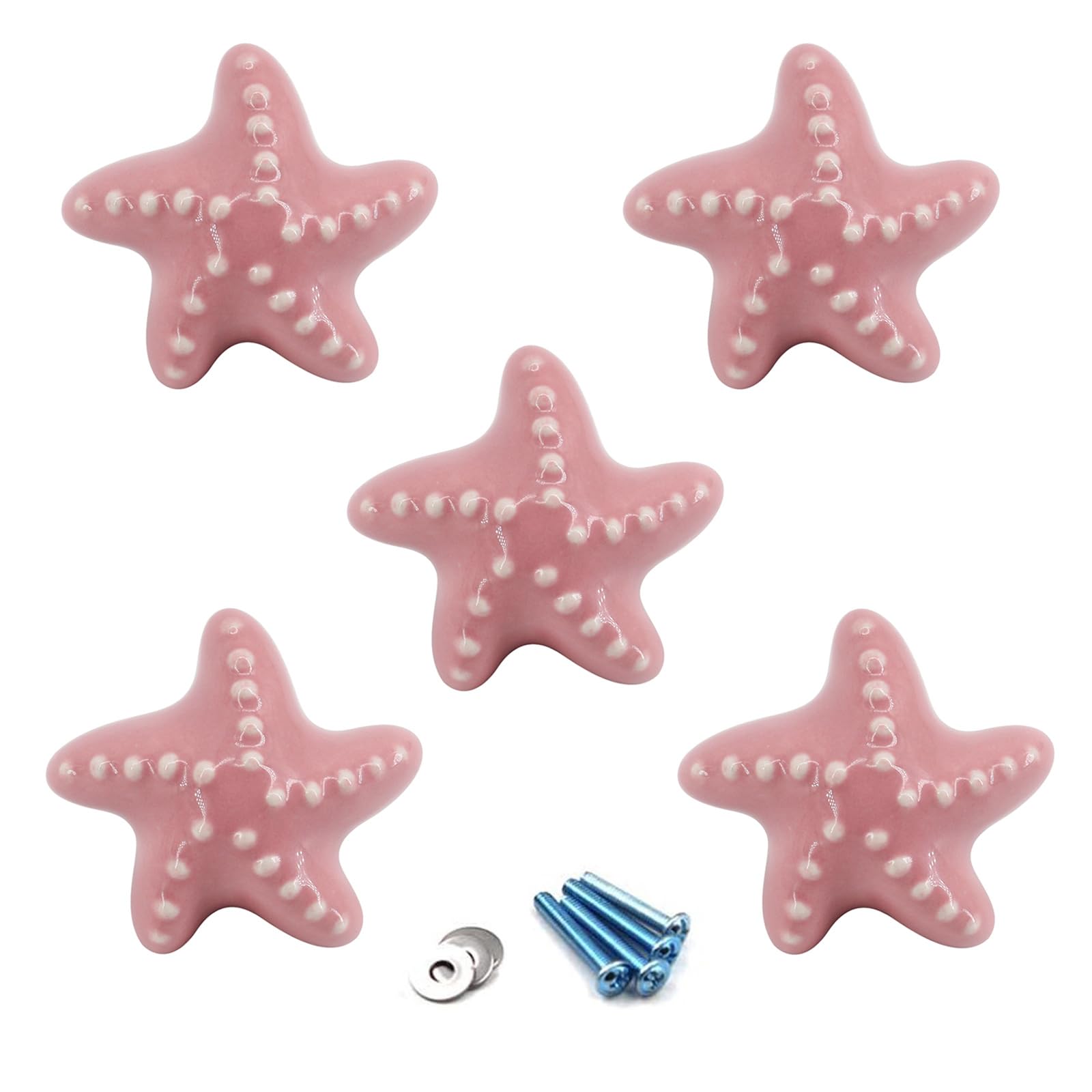 Flomore Pink Drawer Knob Ceramic Cabinet Knobs Kids Room Handle Pull Starfish Shape for Dresser Drawers (Pack of 5 Screws Included)