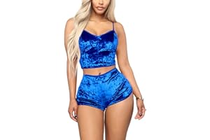 Angsuttc Women's Velvet 2 Piece Outfit Spaghetti Strap Crop Top Shorts Pajamas Set Sleepwear Nightwear