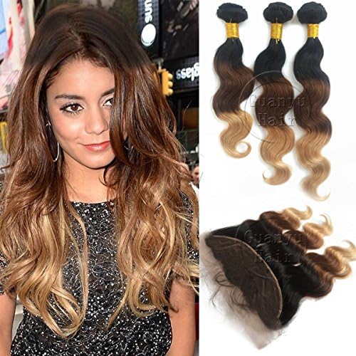 Guanyuwigs 8A Brazilian Body Wave Ombre 3 Tone Color 1B/4/27 Ear to Ear 13x4 Lace Frontal Closure With 3 Bundles Human Hair Extensions (18+18 20 22)