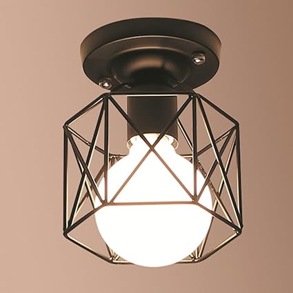 Black Wrought Iron Ceiling Lamp Retro Industrial E27 Glass