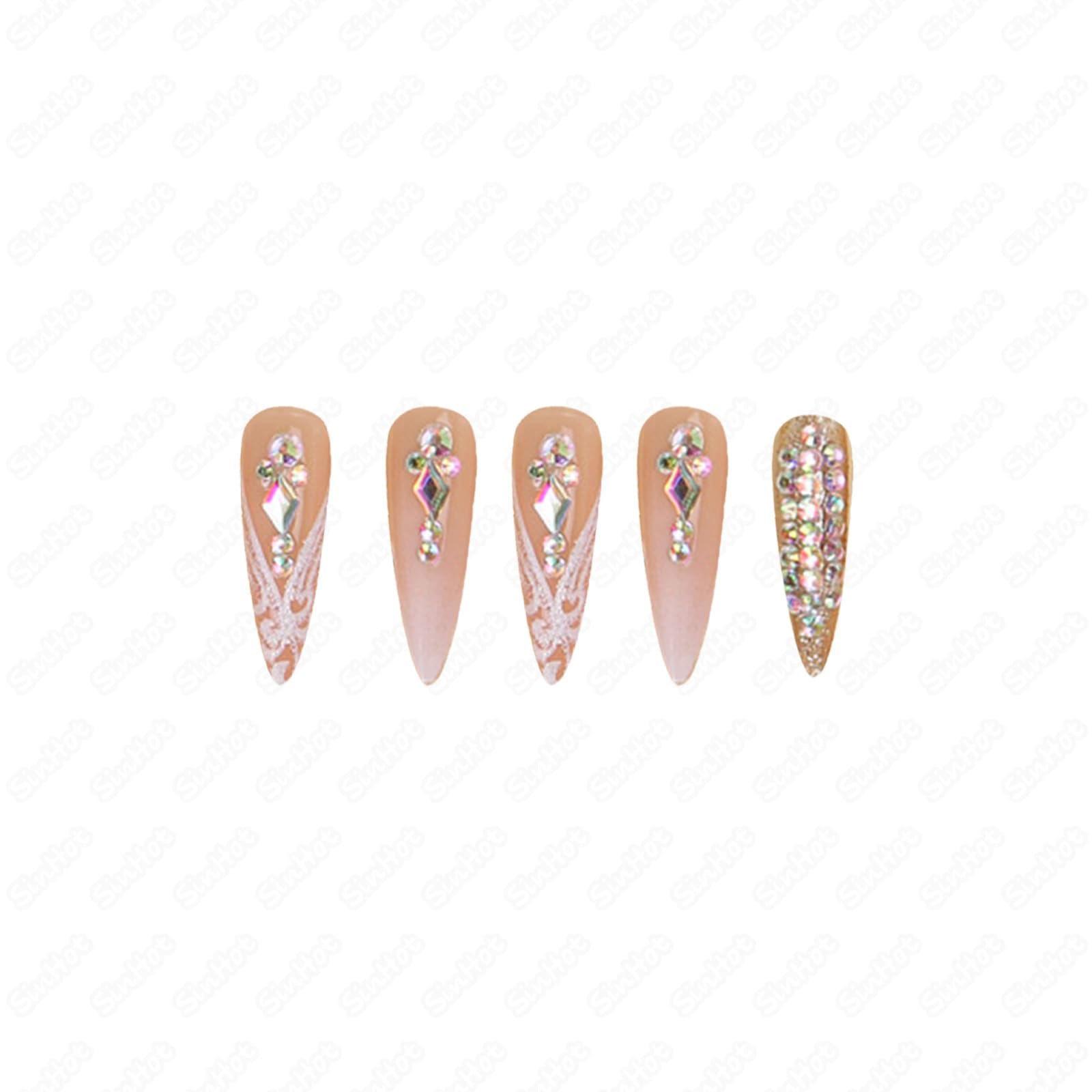 SINHOT Stiletto Press on Nails Long Fake Nails Glossy Glue on Nails Luxury Rhinestones Acrylic Nails White Bling Glitter Almond Artificial Nails Stick on False Nails with Design 24pcs - Image 4