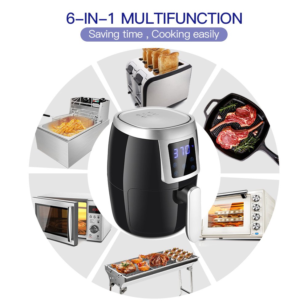 Digital Air Fryer CUSIBOX with Cookbook, Hot Air Fryers Time Temperature Control - Electric Touchscreen 2.2 Qt For Low Calories Healthier Black 1000W