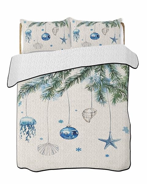 WOWOUHIYA KING QUILT SETS, BLUE COASTAL CHRISTMAS LIGHTWEIGHT BEDSPREADS WITH 2 PILLOW SHAMS, XMAS BOTANICAL STARFISH RUSTIC SOFT SUMMER BED COVERLETS 3 PIECES BEDDING SET FOR ALL SEASON
