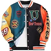 Verdusa Boy's Motorcycle Colorblock Graphic Varsity Jackets Streetwear Button Up Fall Outerwear