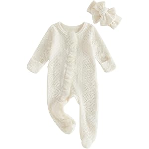 Polinkety Infant Baby Girl Fall Outfit Romper Footies Solid Color Frills Ruffle Trim Jumpsuit Bodysuit Newborn Winter Clothes