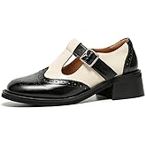 BEAU TODAY Mary Jane Oxfords for Women,Chunky Wingtip Oxford,T-Strap Leather Retro Shoes for Women,Brogue Mid Heels Dressy Business Office Platform Shoes with Buckle