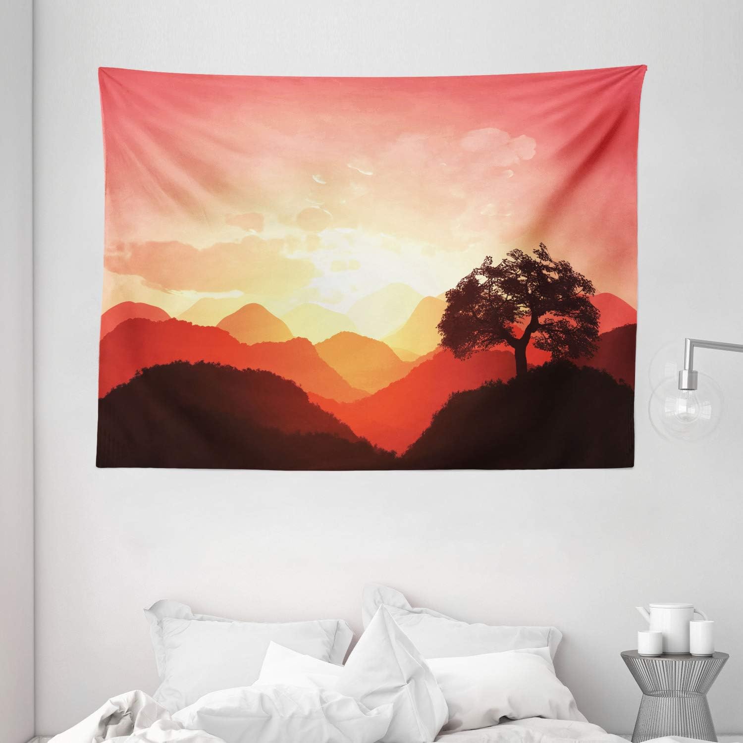 Ambesonne Mystic Tapestry, Oriental Sunset View with Tree and Mountains Mystique Hills, Wide Wall Hanging for Bedroom Living Room Dorm, 80" X 60", Brown Orange