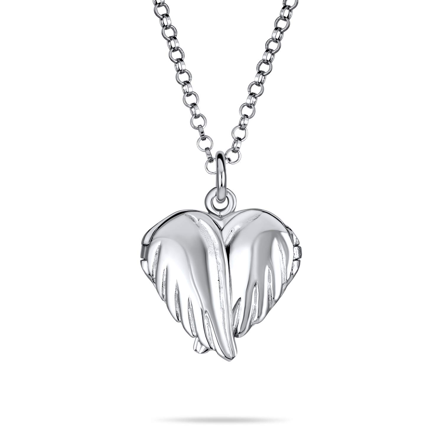 Bling Jewelry Personalize Plain Dome Protection Guardian Angel Wing Feathered Heart Shaped Keepsake Locket For Women Teens Holds Photos Pictures .925 Silver Necklace Pendant Customizable
