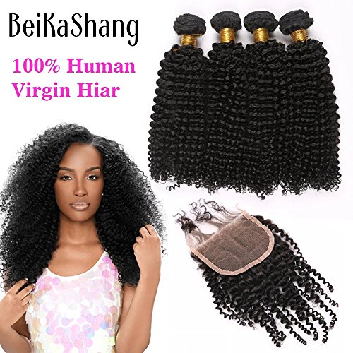 BeiKaShang Brazilian Virgin Hair, Lace Closure Free Part (44 ) with 4 Bundles ,Kinky Curly Hair Natural Color Weft, Shedding&amp;Tangle Free (18"18"18"18"Wefts with 18" closure)