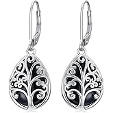 Tree of Life Leverback Earrings for Women, S925 Sterling Silver Teardrop Black Onyx Drop Dangle Earrings Jewelry Anniversary Birthday Gift