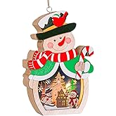 Snowman Christmas Ornaments, Wooden Snowman Hanging Ornaments for The Home, Light-Up Festive Snowman Xmas Ornaments for Holiday Crafts, Christmas Party Gifts, Indoor Winter Decorations