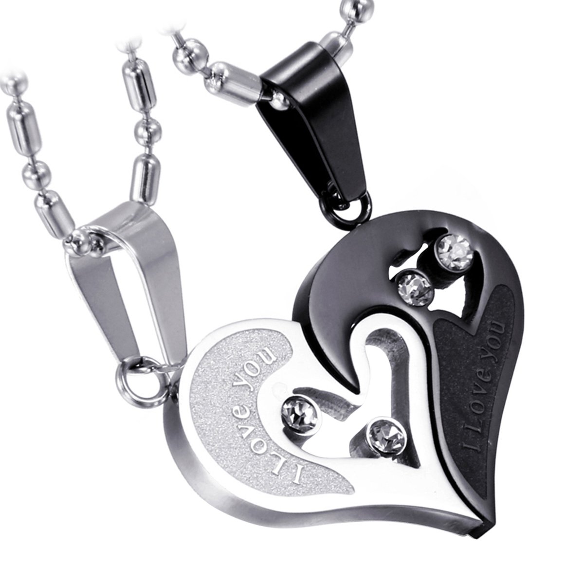 Cupimatch 2-Pieces Men Women Stainless Steel I Love You Heart Rhinestone Puzzle Matching Pendant Couple Necklace Christmas Valentine Gift with 50cm& 55cm Chain (Black)