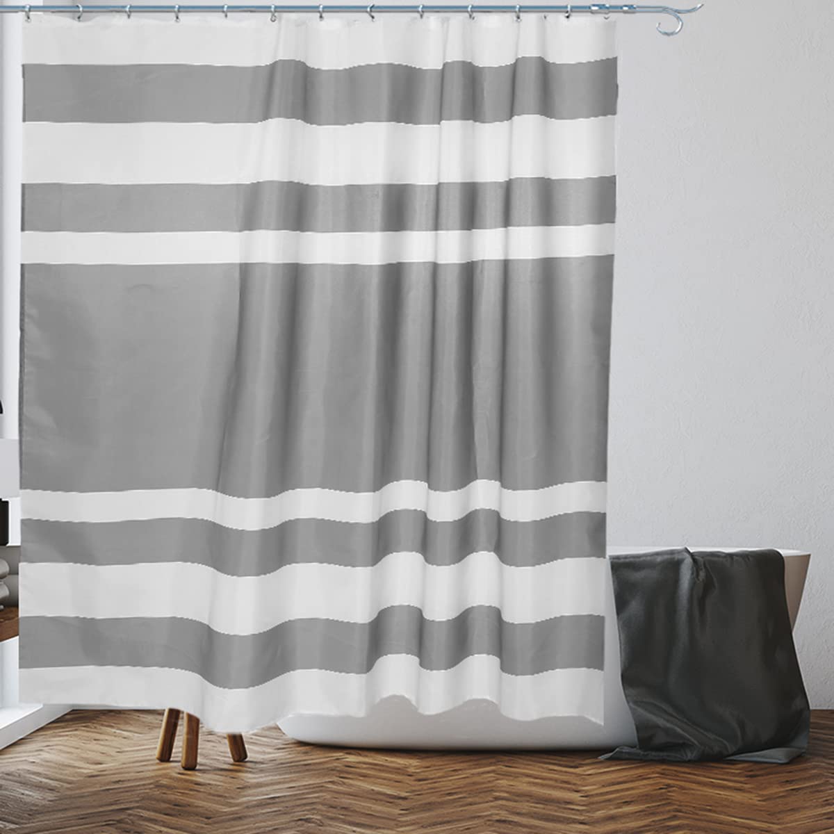 VIROSA White & Grey Stripes Shower Curtain for Bathroom Anti Mould, Mildew Resistant | Size 28 x18 X 5 cm | Water Repellent Fabric | 100% Polyester — image 1