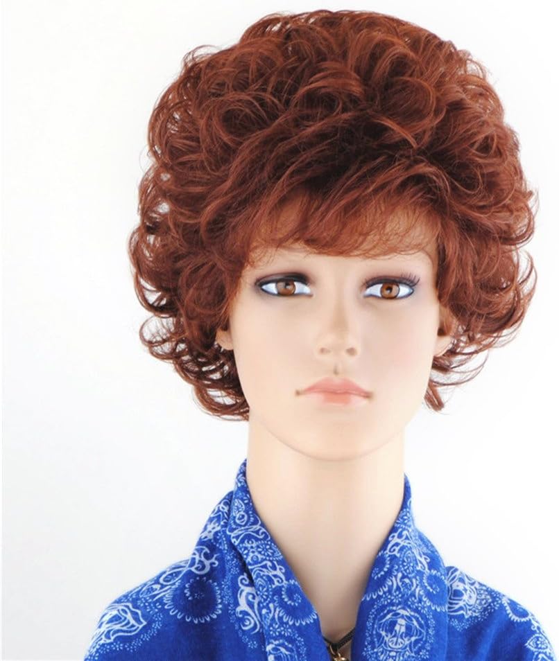 SherryShine Halloween Cosplay Wigs for Women 11 inches Short Curly Full Head Fluffy Ladies Wigs with Bangs and Free Cap and Comb(SXD0370) (Red brown)