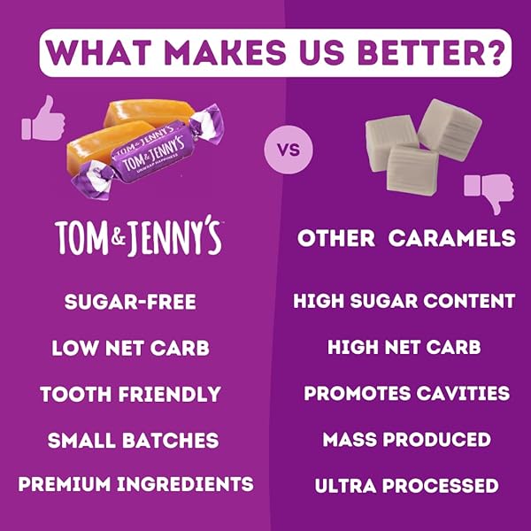 TOM & JENNY’S SUGAR FREE CANDY SOFT CARAMELS INDIVIDUALLY WRAPPED – SEA SALT & VANILLA – LOW NET CARB KETO ZERO SUGAR CANDY WITH ALLULOSE & MALTITOL (CLASSIC CHEWY CARAMELS) 1 PACK