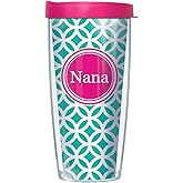 Signature Tumblers Pink Nana Insignia Wrap on Teal and White Roundabout 16 Ounce Double-Walled Travel Tumbler Mug with Hot Pink Easy Sip Lid