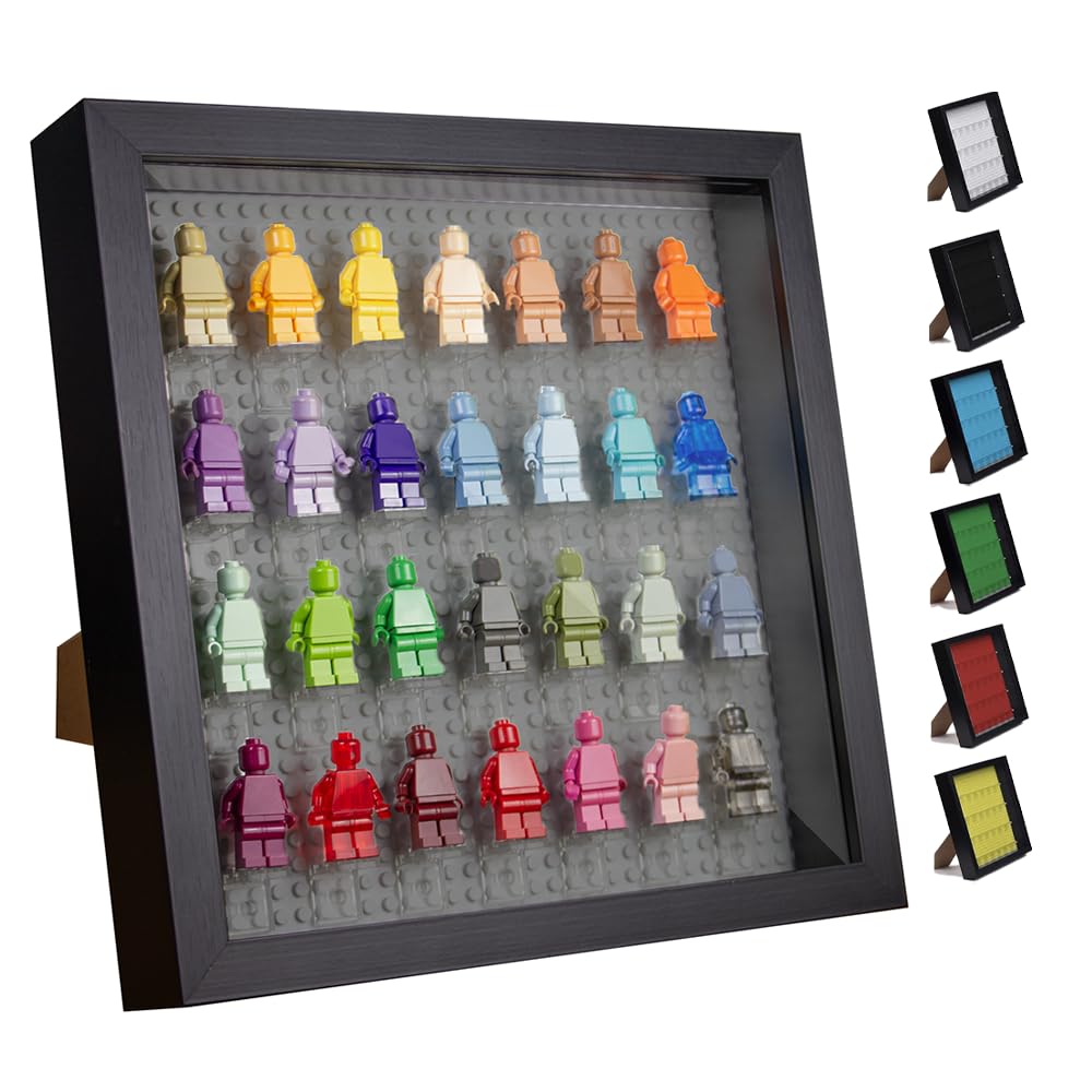Tapeera Black Wooden Minifigure Display Case - Memorabilia Display Case for Figures - 11 x 11 Inch Shadow Box Frame - Wall and Table Top With Dust Protection - Up To 28 Figures (Grey, 3cm Depth)