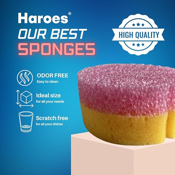 HAROES NON SCRATCH PREMIUM KITCHEN SPONGES – PACK OF 3 – SCRUBBER & DOUBLE SIDED SPONGE – NO HOLES – MULTIPURPOSE, DISH, BATHROOM, KITCHEN, WASHING & PLUS