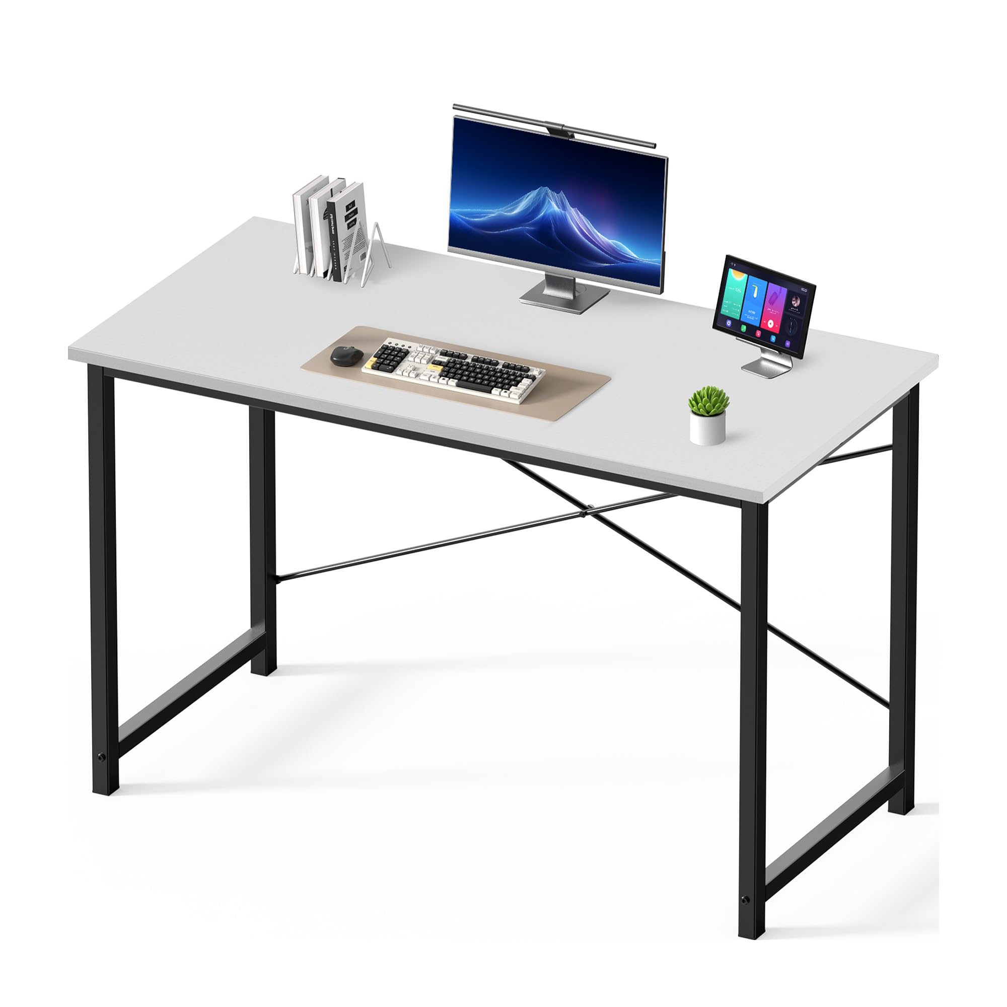 DUMOS 47 Inch Computer Desk for Home Office, Modern Study Work Table Simple Modern Style for Bedroom Small Space, Writing Desks with X-Shaped Reinforcement, Wood White Image