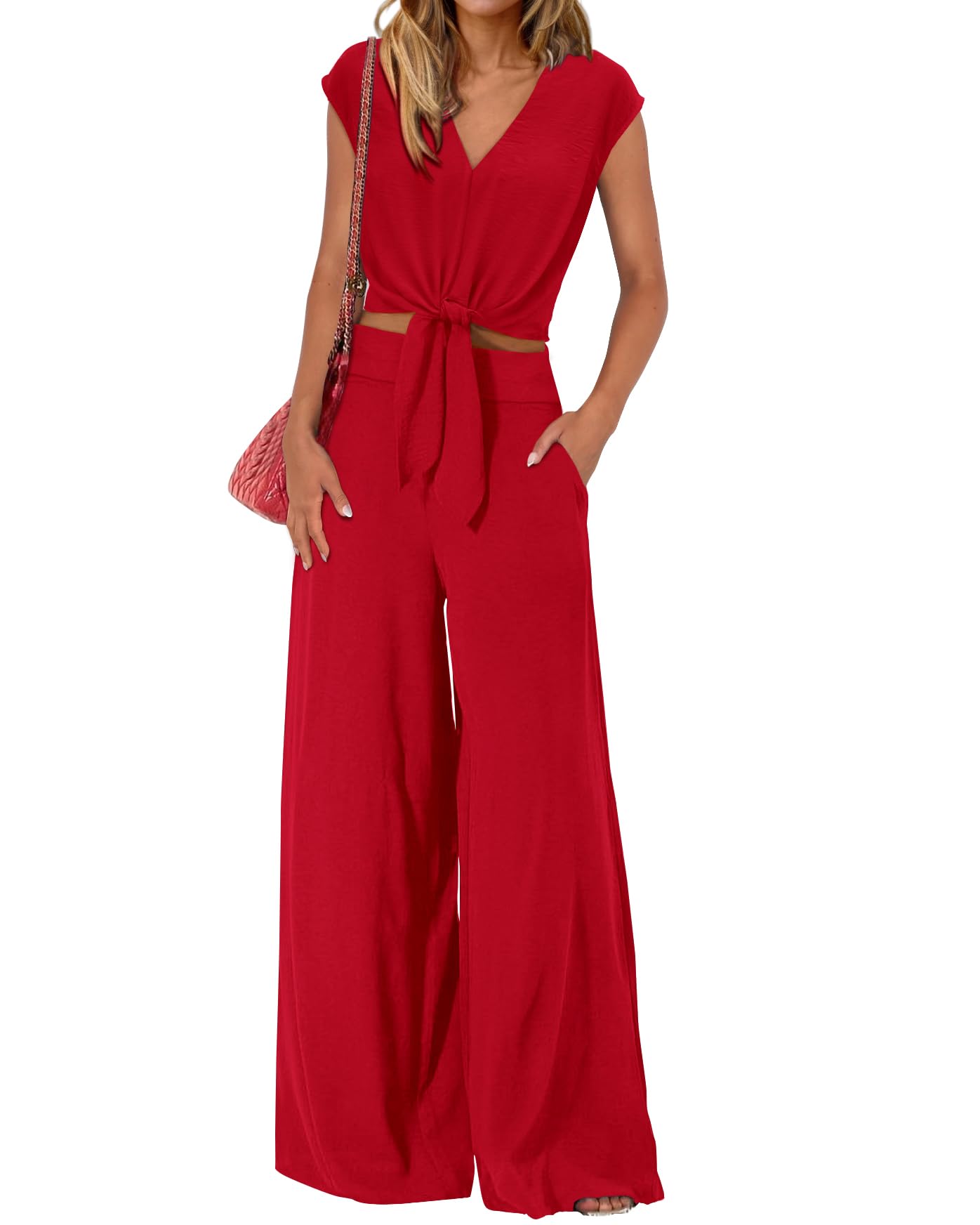 Photo 1 of PRETTYGARDEN Women's Casual Summer Outfits 2 Piece Cute Cap Sleeve Tie Front Tops Loose Fit Pant Fashion Airport Outfit(Solid Red,Small)