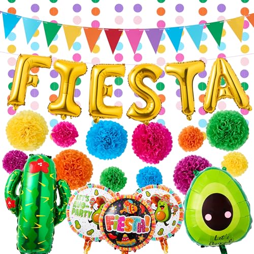JOYIN 27 PCS Mexican Fiesta Party Decoration Supplies with Cactus Avocado Balloons, Tissue Pom Paper Flowers, Pennants, Garland, Backdrop Banner for Cinco De Mayo Birthday Baby Shower Supplies