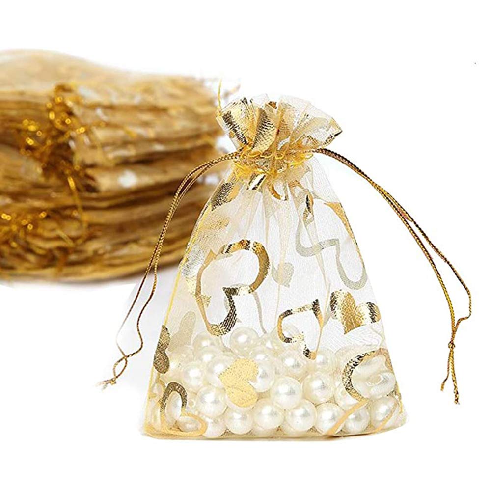 MaoNativey 50Pcs Organza Jewelry Pouches, Gold Heart Print Organza Bags Gift Pouches with Drawstring 9x12cm Perfect for Wedding, Christmas, Birthday, Anniversary