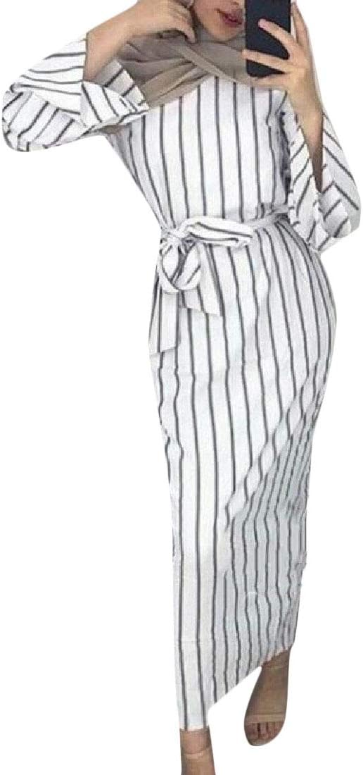 YKeen Women Fashion Long Sleeve Belted Stripe Maxi Abaya Party Dress