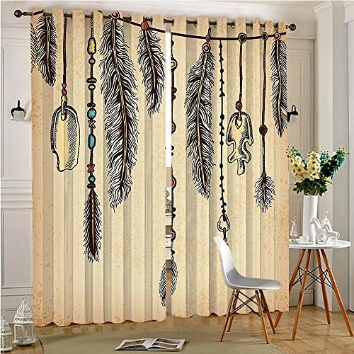 Print Thermal Insulated Room Darkening Blackout Window Curtain Bohemian Hair Accessories Bird s Beads on String Sketch Print Brown for Bedroom(2 Panels, 84" x 84")