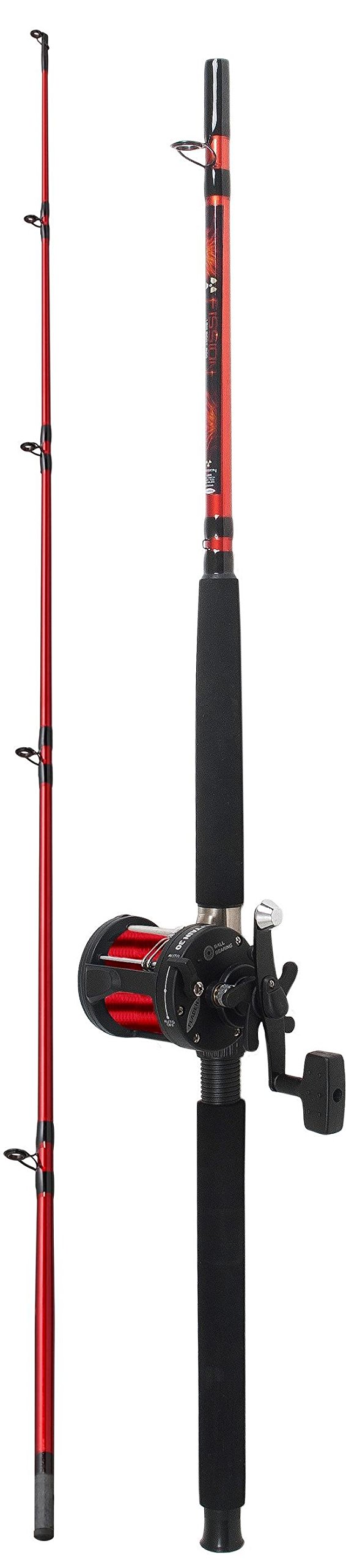 FLADEN Fishing - Quality 30 to 40 lbs Class BOAT SEA FISSION RED Rod and Multiplier Reel Combo - CHIEFTAIN 30 Reel/Pre Loaded with 30lb Red Line For Offshore Marine Fish [12K-35180]