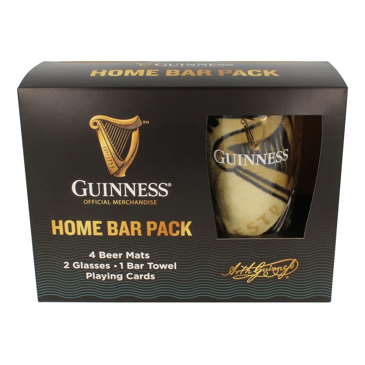 Guinness Home Bar Pack - Gravity Pint Glasses, Bar Towel & Playing cards