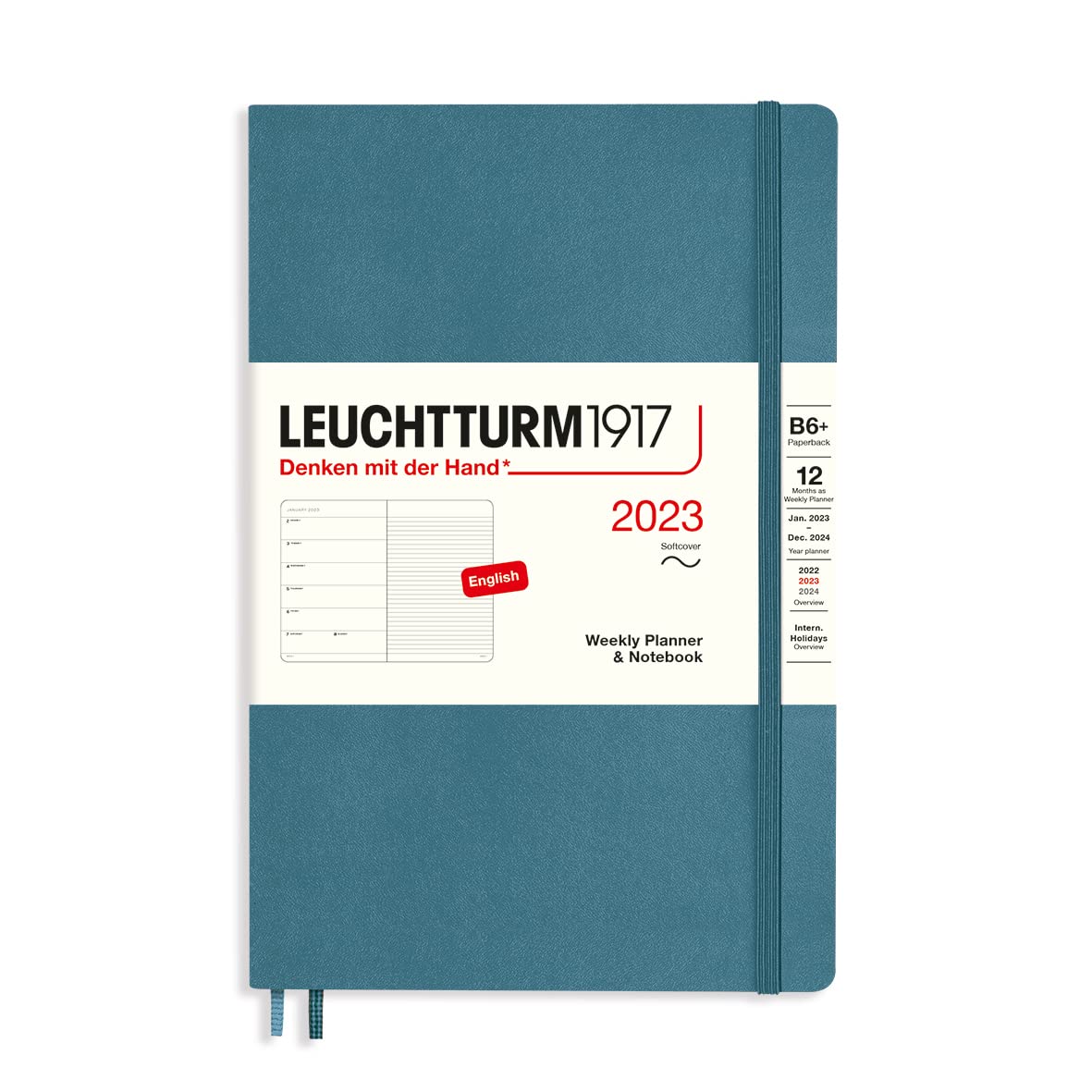 LEUCHTTURM1917 365919 Weekly Calendar & Notebook Softcover Paperback (B6+) 2023, 12 Months, Stone Blue, English