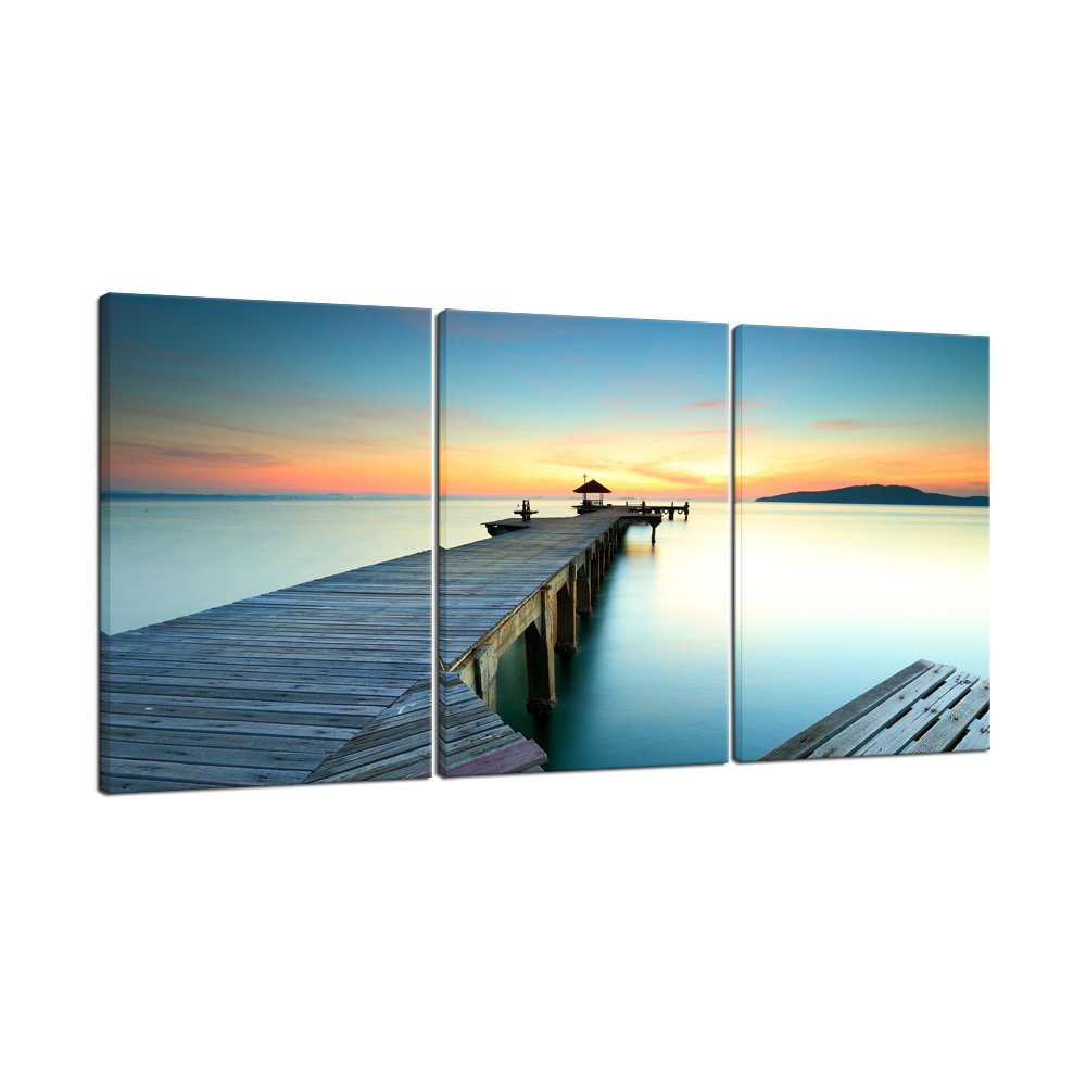 Wieco Art Bridges over the Sea Large Canvas Prints Wall Art Seascape Pictures Paintings for Bathroom Living Room Home Decorations 3 Panels Modern Gallery Wrapped Ocean Sea Beach Giclee Artwork L