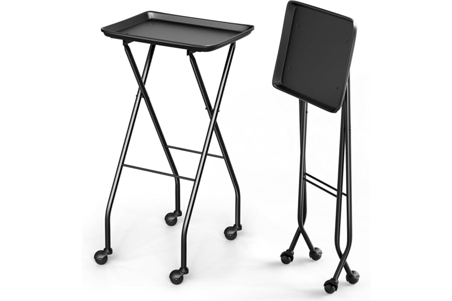 OmySalon Salon Tray on Wheels Folding Color Trays for Salon, Aluminum Tattoo Tray Rolling Trolley Cart Mobile Hair Cart for Stylist Hairdresser, Beauty Spa Service Storage Station