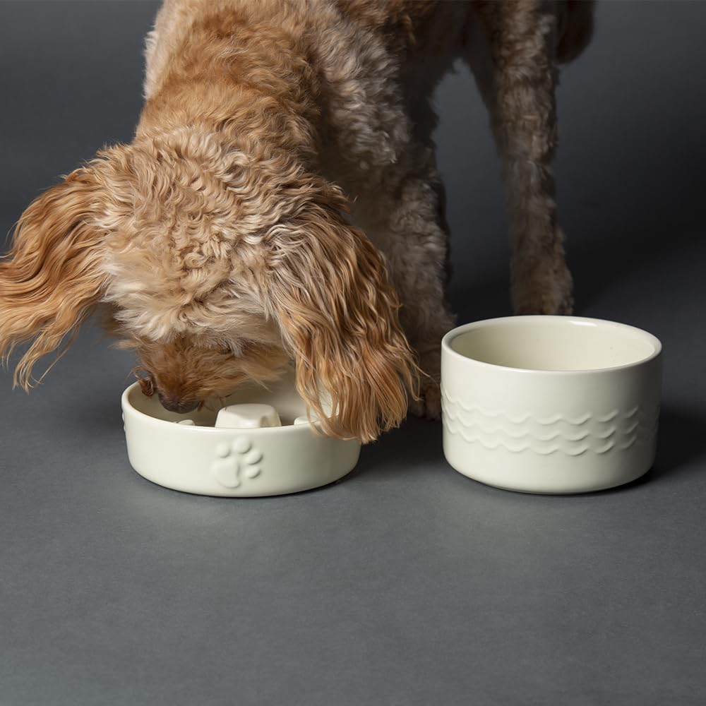 Scruffs Icon Dog/Pet Slow Feeding Bowl Set - 16cm Slow Feeder & 15cm Water Bowl – Cream