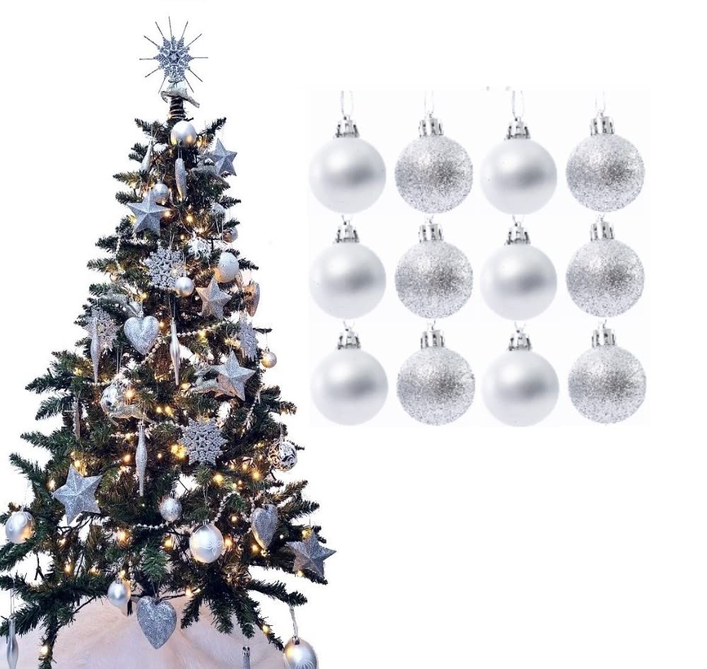 Simply Products Christmas Tree Decoration Baubles 3.8cm - Great Christmas Tree Hanging Ball Decorations, Matte & Glitter Baubles Pack of 12-3.8cm (Silver Matte & Glitter)