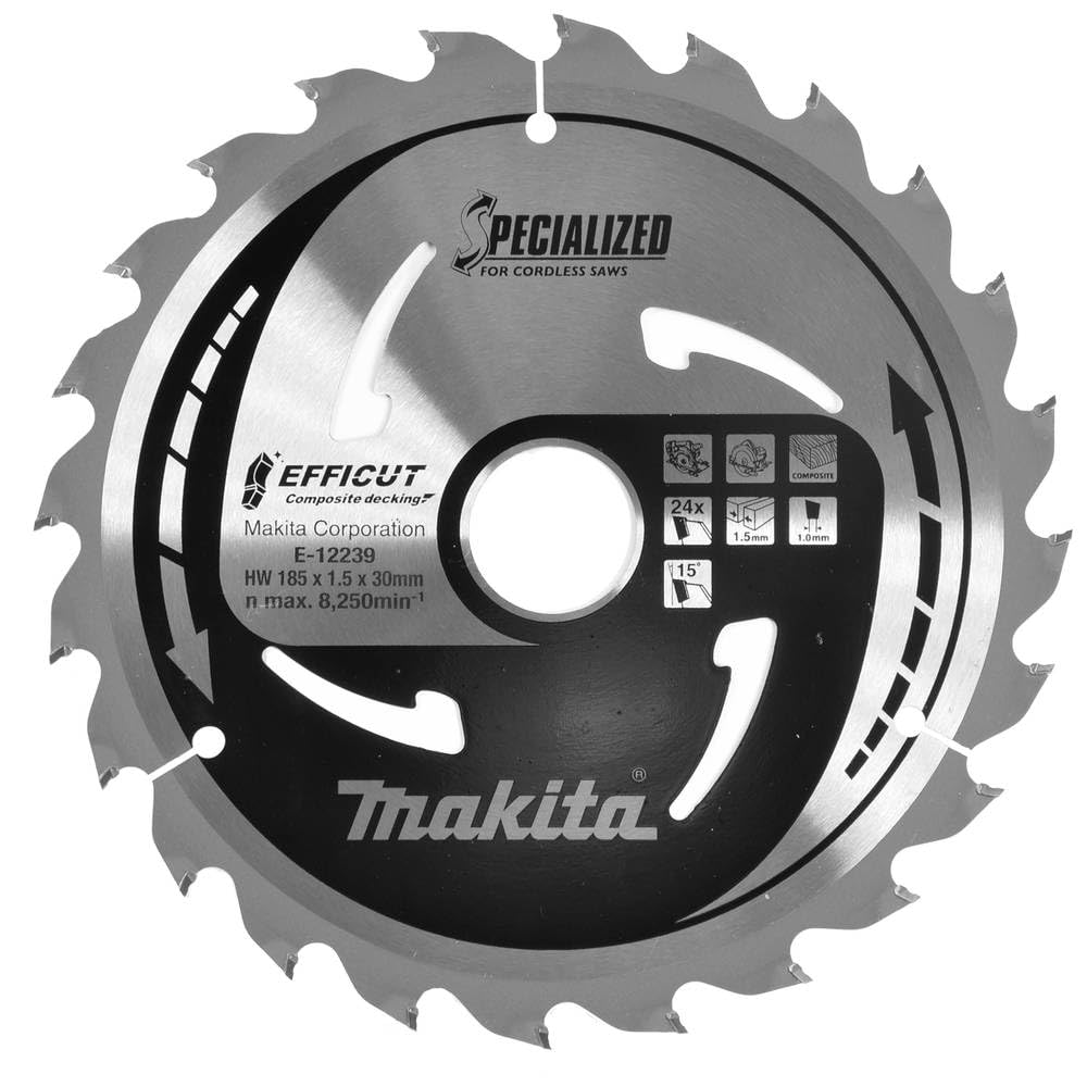 Makita EFFICUT E-12239 Composite Decking Circular Saw Blade Diameter 185 x 1.5 x 30 mm 24 Teeth 15° Tooth Angle for Natural Fibre-Reinforced Plastic e.g. WPC for Cordless Hand Circular Saws