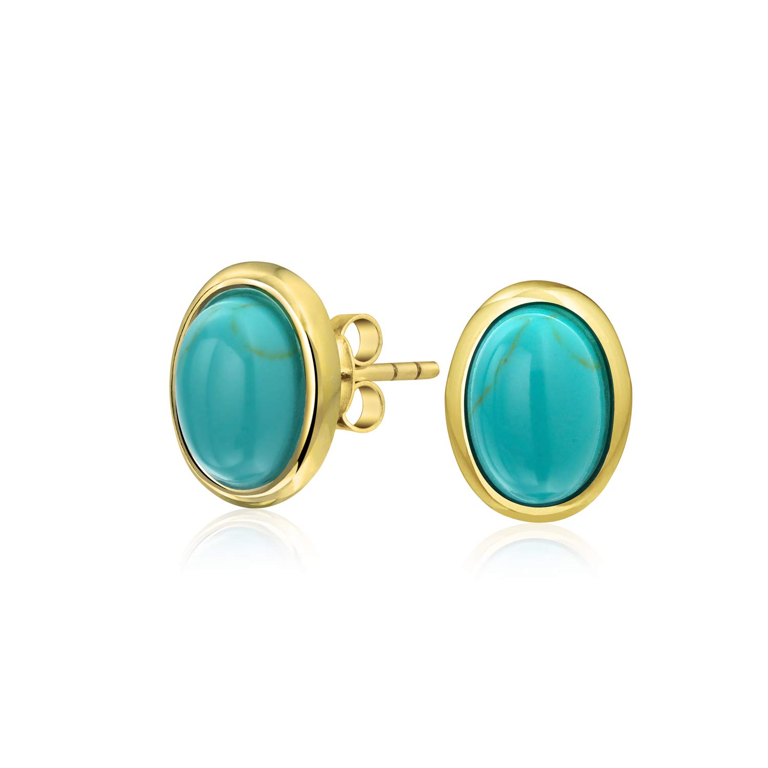Traditional Classic Gemstone Stabilized Blue Turquoise Amber Bezel Set Dome Button Oval Stud Earrings For Women Gold Plated .925 Sterling Silver